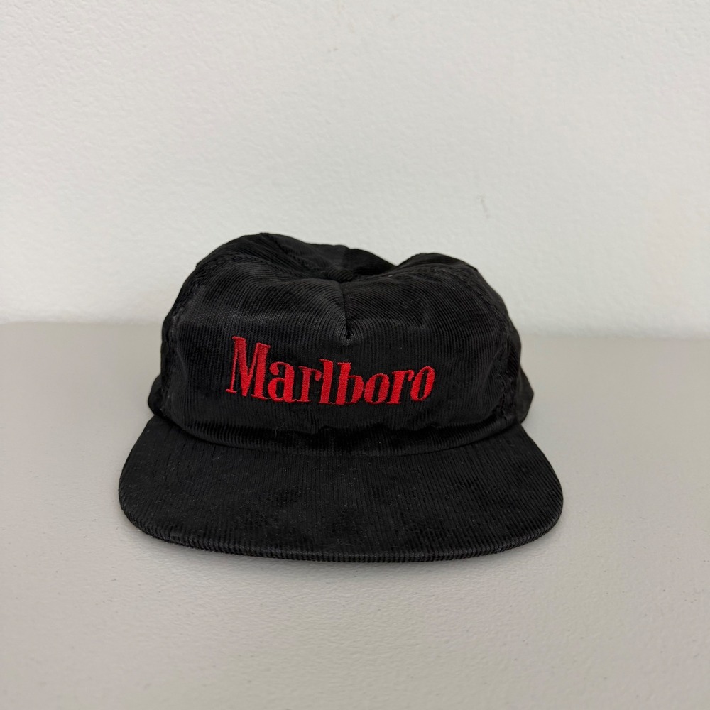 Marlboro Corduroy Snapback Hat Unisex OSFA Black Vintage Logo